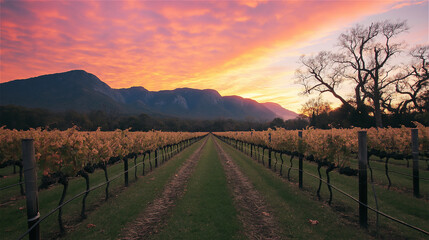 Naklejka premium Long vineyard rows stretch into the distance under a dramatic sunset sky, framed by bare trees and hills. A seasonal image of agriculture, rhythm, and perspective.