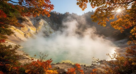 Fototapeta premium Steaming natural hot spring surrounded by autumn trees with sun