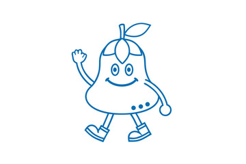 Cheerful pear character is walking and waving with happiness in blue outline
