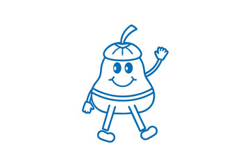 Naklejka premium Cartoon pear with outlined face and limbs is waving cheerfully on white
