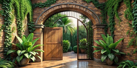 Fototapeta premium Serene Garden Entrance A Wooden Door and Metal Gate Open to a Lush Tropical Courtyard with Brick Walls and Abundant Greenery