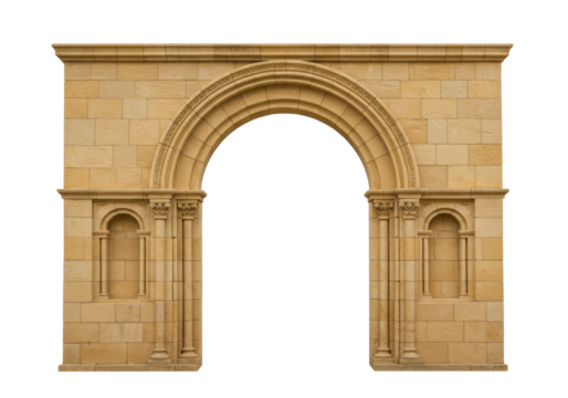 Isolated Old archway made of stone, medieval architecture with ornate decoration