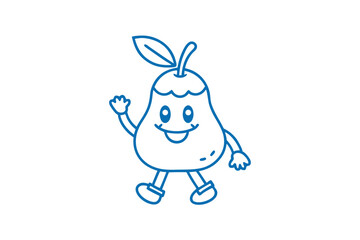 Cartoon pear outline waves while walking and smiling cheerfully in blue line