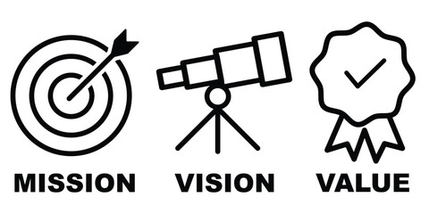 Mission, vision and values icon set. Organization mission vision values icon design. Idea innovation symbol. Telescope icon, target with arrow, verified badge value icon. Vector illustration isolated 