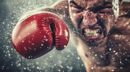 Dynamic close up of a powerful boxing punch as the opponent s mouthguard flies off in tense match