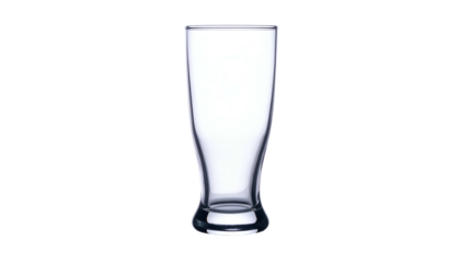 Clear glass pilsner with slender, curved shape, stands upright
