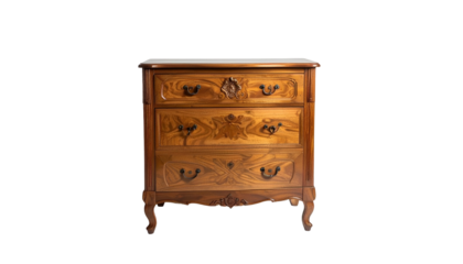 Ornate wooden dresser with carvings on a dark background