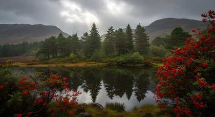 Dark moody loch reflecting pine trees and red berries