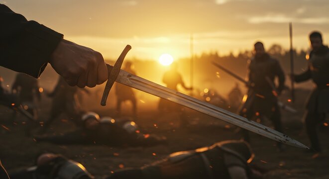 Medieval Battle Scene at Sunset with Swords and Fallen Warriors