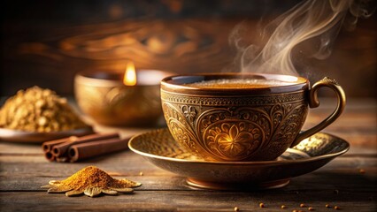 Fototapeta premium Aromatic Steam Rising from an Ornate Cup of Spiced Beverage on Rustic Wooden Surface