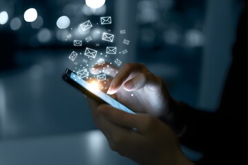 Hands using a smartphone with email icons floating representing digital communication and mobile technology for business and personal use