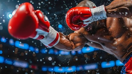 Close up of a boxing match as a powerful punch strikes the opponent s jaw, mouthguard flies out