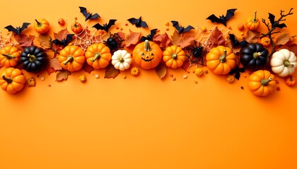 A vibrant Halloween arrangement with pumpkins, bats and foliage. The scene is filled with autumn elements, perfect for celebrating the spooky season.