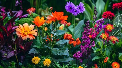 Stunning display of various flowers in full bloom with vibrant colors and rich textures for lively summer garden and natural beauty photography concept