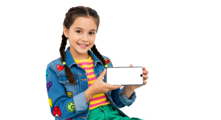 A smiling girl with braids holds a tablet with a blank screen, showcasing technology, education, or digital content for kids.

