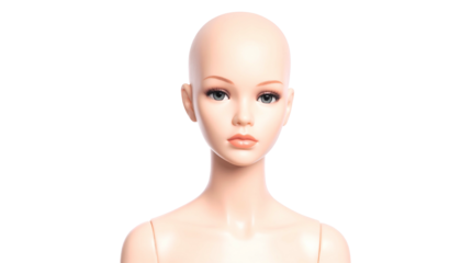 Mannequin portrait, bald, pale skin, neutral expression, black bg