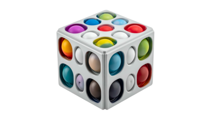 Cube's holes hold round, colorful shapes. Soft illumination