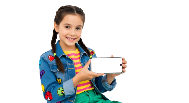A smiling girl with braids holds a tablet with a blank screen, showcasing technology, education, or digital content for kids.

