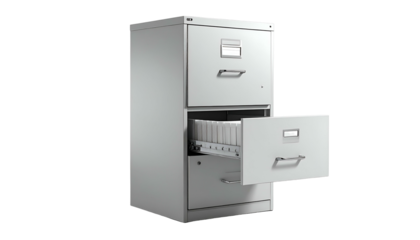 Steel filing cabinet with one open drawer