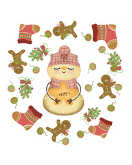 Hand-drawn Christmas wreath composition—cocoa mug, gingerbread men, stockings, holly and berries—arranged in a circle on white