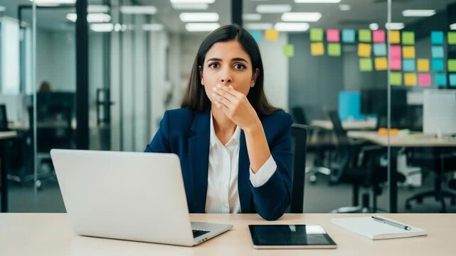 Woman holding nose in office, reacting to bad smell