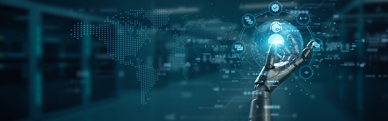 Hand of robot hold headset interface customer service concept, communication automation network connection, AI support innovation technology smart assistance satisfaction system.