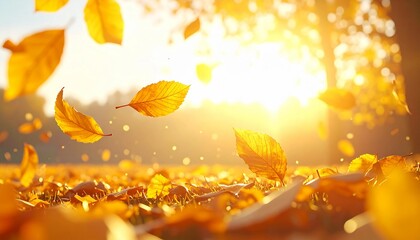 秋の落ち葉と黄金の夕日が舞う風景　generative ai