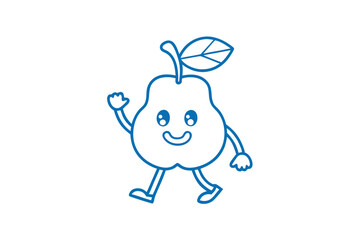 Blue pear line art character is walking happily and waving on a white background