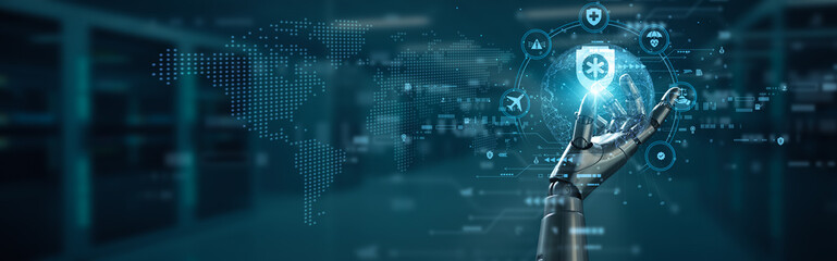 Hand of robot hold tablet interface InsurTech concept, insurance innovation automation connection,...