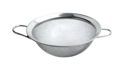 Shiny metal strainer with a fine mesh and two curved handles