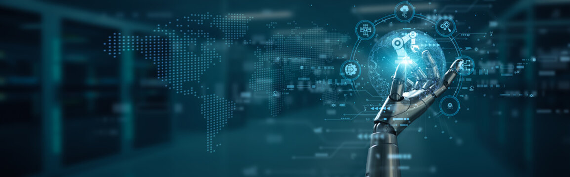 Hand of robot hold factory network industry 4.0 concept, smart manufacturing automation connection, robotics innovation intelligent system integration digital transformation production.