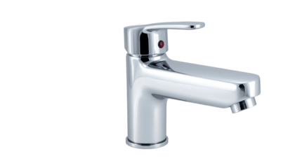 Shiny chrome faucet with red dot against a stark black background