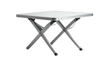 Compact square table, folding silver legs, plain surface