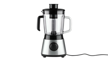 Brushed steel & black blender with glass pitcher, on black backdrop