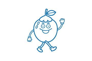 A cheerful cartoon fruit character walks, waves, and displays its friendly face outline