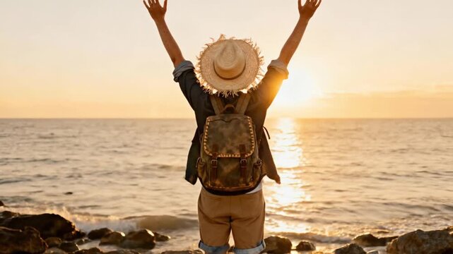 Caucasian traveler with arms open on beach at sunset