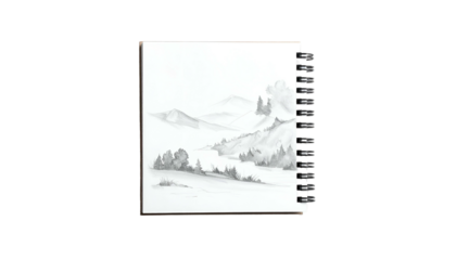 Landscape sketch in spiral-bound notebook, greyscale, mountains