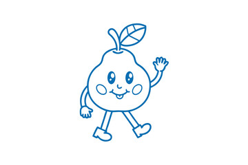 Cheerful pear fruit character strides forward and waves hello with its tiny hand