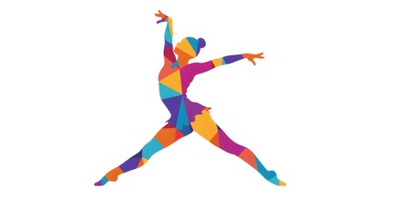 Rhythmic gymnast in colorful abstract polygonal silhouette leaping with arms outstretched