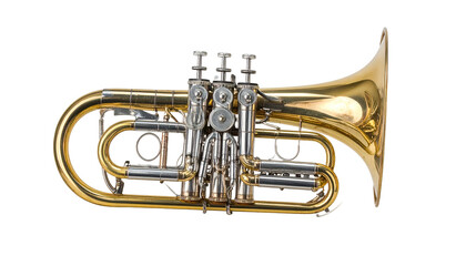 Naklejka premium Brass flugelhorn with silver valves, against a black background