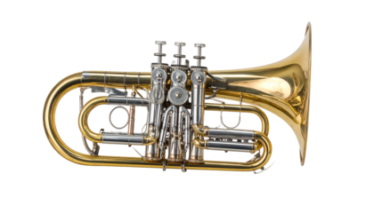 Brass flugelhorn with silver valves, against a black background