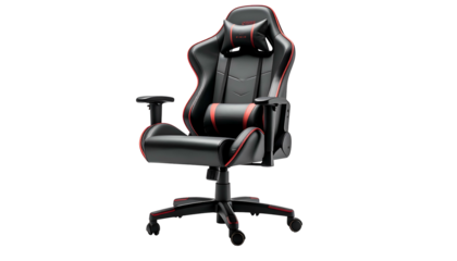 Sleek black gaming chair with red accents against a dark background