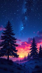 Serene Twilight Silhouetted Trees and Winter Constellation Under a Vibrant Sky