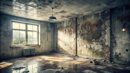 Sunlit Derelict Room  Decaying Walls, Dust-Covered Floor, and a Single Window Offering a Glimpse of Nature Outside