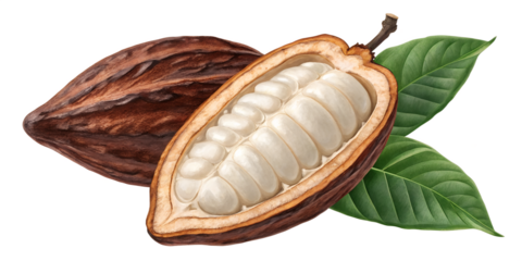Single cacao seed half-cut, revealing smooth inner texture and rich brown shell, isolated realistic PNG