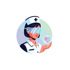Fototapeta premium A nurse wearing futuristic VR goggles holds a glowing heart in her hand, symbolizing advanced healthcare technology.