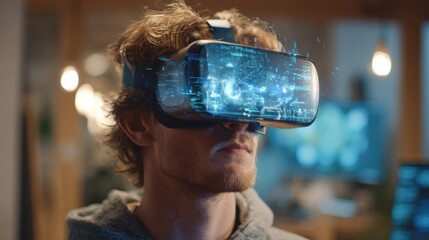 A young man wears a virtual reality headset immersed in a digital world. The room is filled with soft lighting and technology creating an engaging atmosphere for gaming.