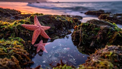 Two starfish in a tide pool on a rocky beach during sunset