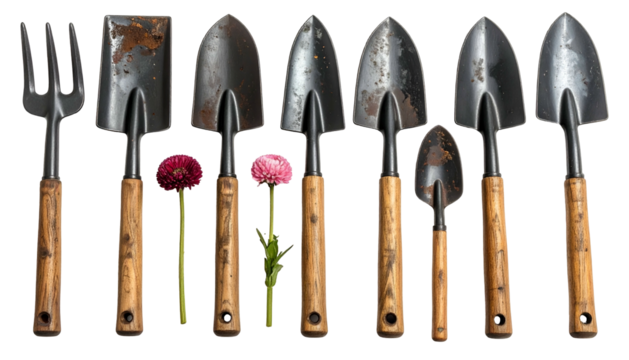 Row of garden tools and pink flowers on black background