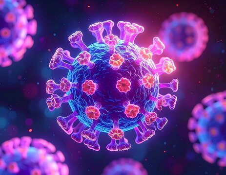 Microscopic view of several spherical particles with colorful spikes